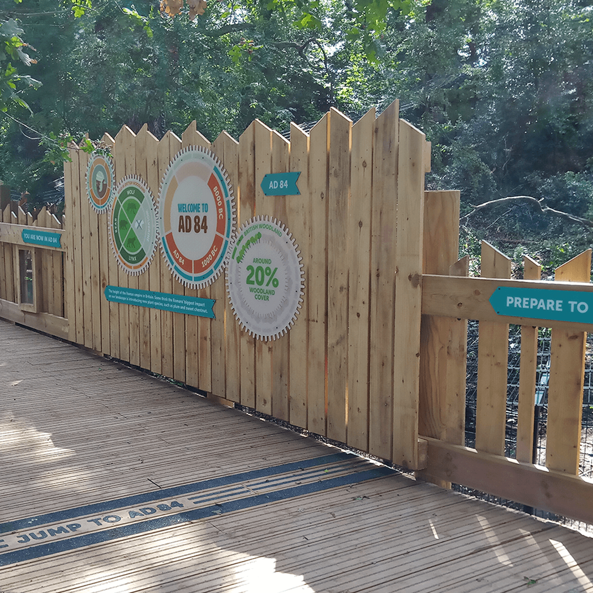 Jump point to AD 84 on the walkway with panels showing decrease of woodland cover to 20% and biodiversity loss