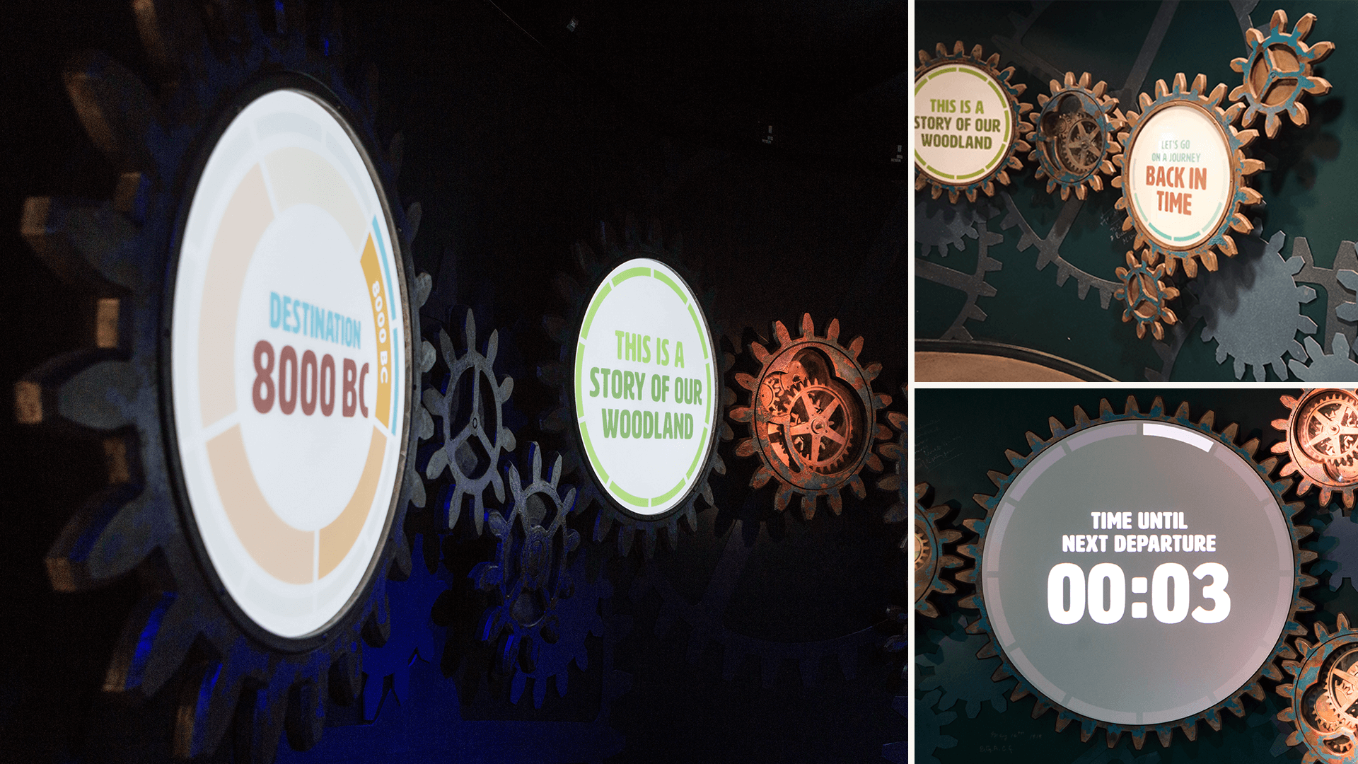 Threedimensional interlocking cogwheels with projected digital graphics that read Destination 8000BC, This is a story about our woodland and Let's go on a journey back in time