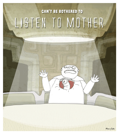 Can't be bothered to listen to mother. Rough cartoon doodle of the chestburster scene from Alien with our hero drinking out of the can and a new can magically emerging from his chest