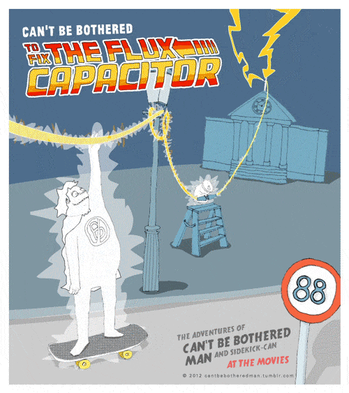 Can't be bothered to fix the flux capacitor. Rough cartoon doodle of the lighning strike scene from Back to the Future with our hero standing on a skateboard and touching a live cable