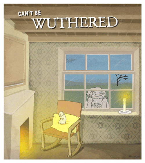 Can't be wuthered. Rough cartoon doodle of the candle in the window bit from Wuthering Heights with our hero dancing Kate Bush outside in a storm