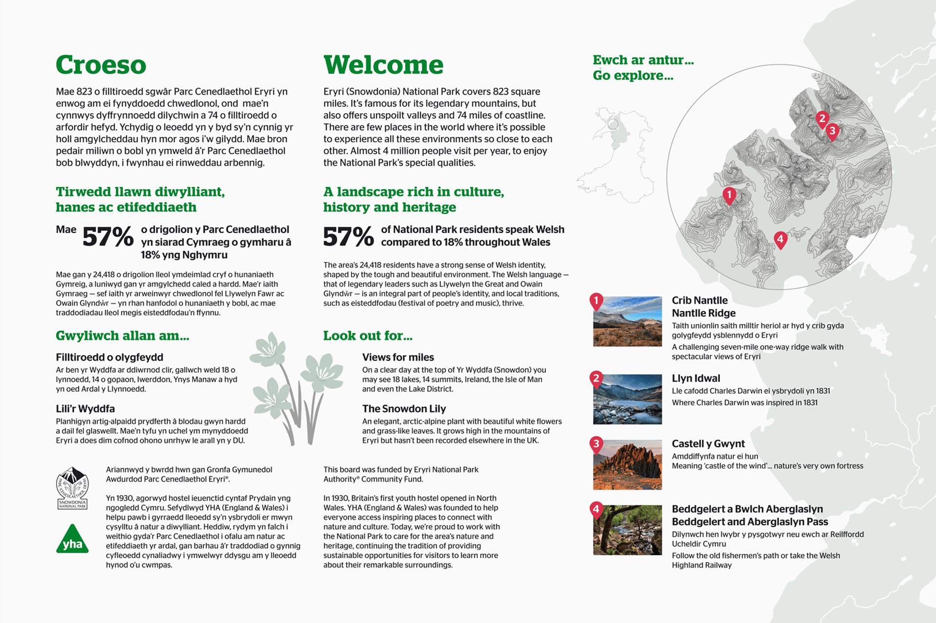 Bilingual panel about the geology and landscape of Eryri (Snowdonia) pointing out Nantille Ridge, Llyn Idwal, Castell y Gwynt and Beddgelert