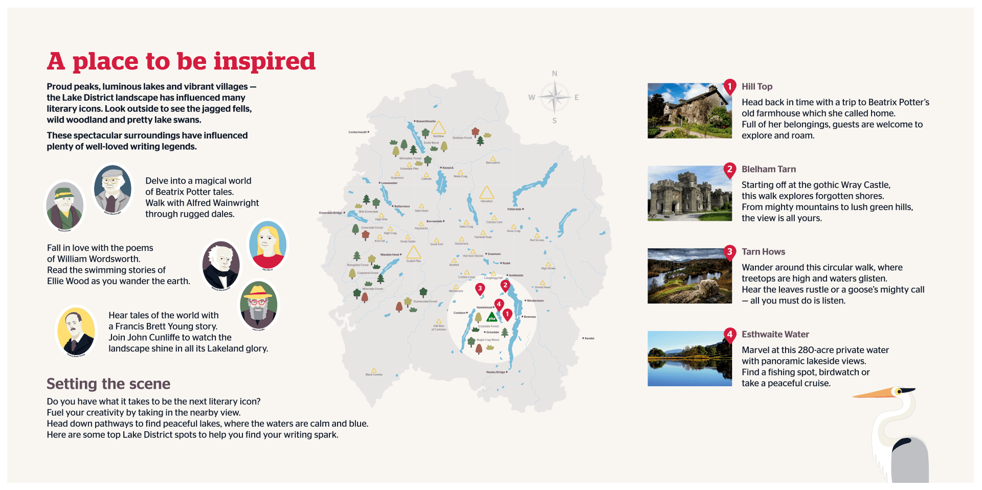 Large-scale wall wrap about the Lake District titled A lace to be inspired. The artwork contains an illustrated map with location markers and simplified portrait illustrations of famous poets from the area including Beatrix Potter and Alfred Wainwright