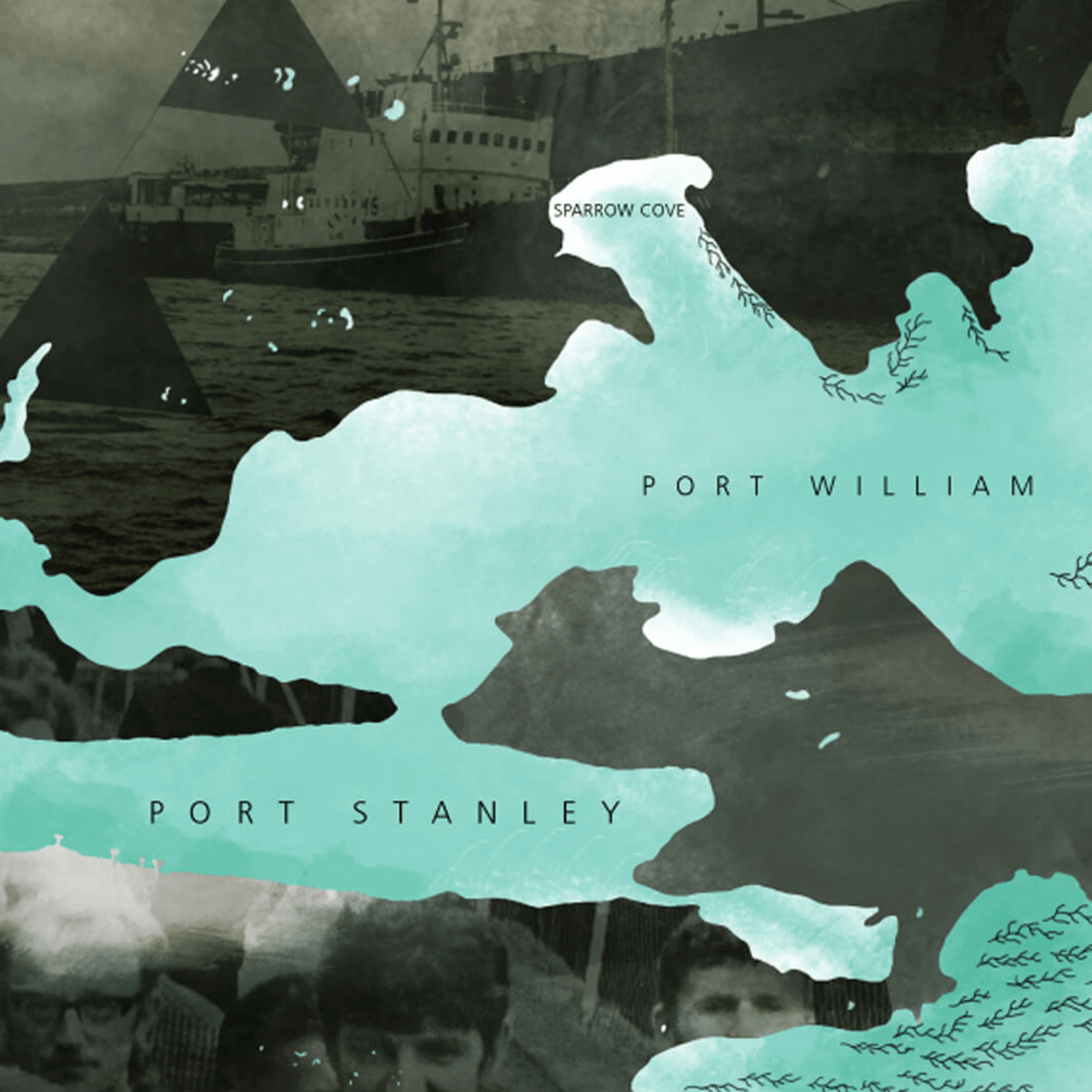 Filmstill from part 2: The Journey showing a drawn map of Port Stanley Falkland Islands overlaid with archive photographs from the launch of the salvage flotilla