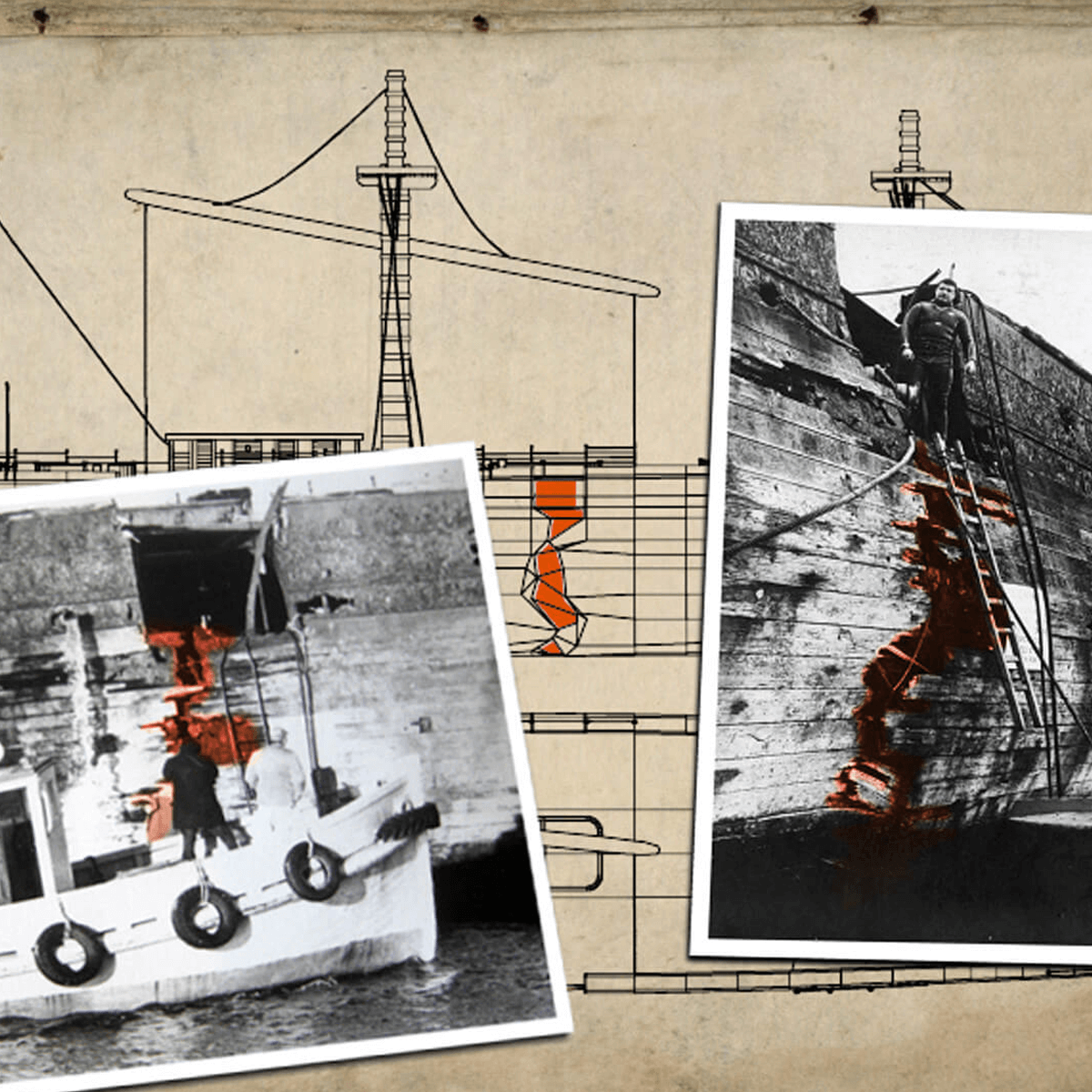 Filmstill using 2D wireframe renders of the ship with archive photographs of teh salvage operation