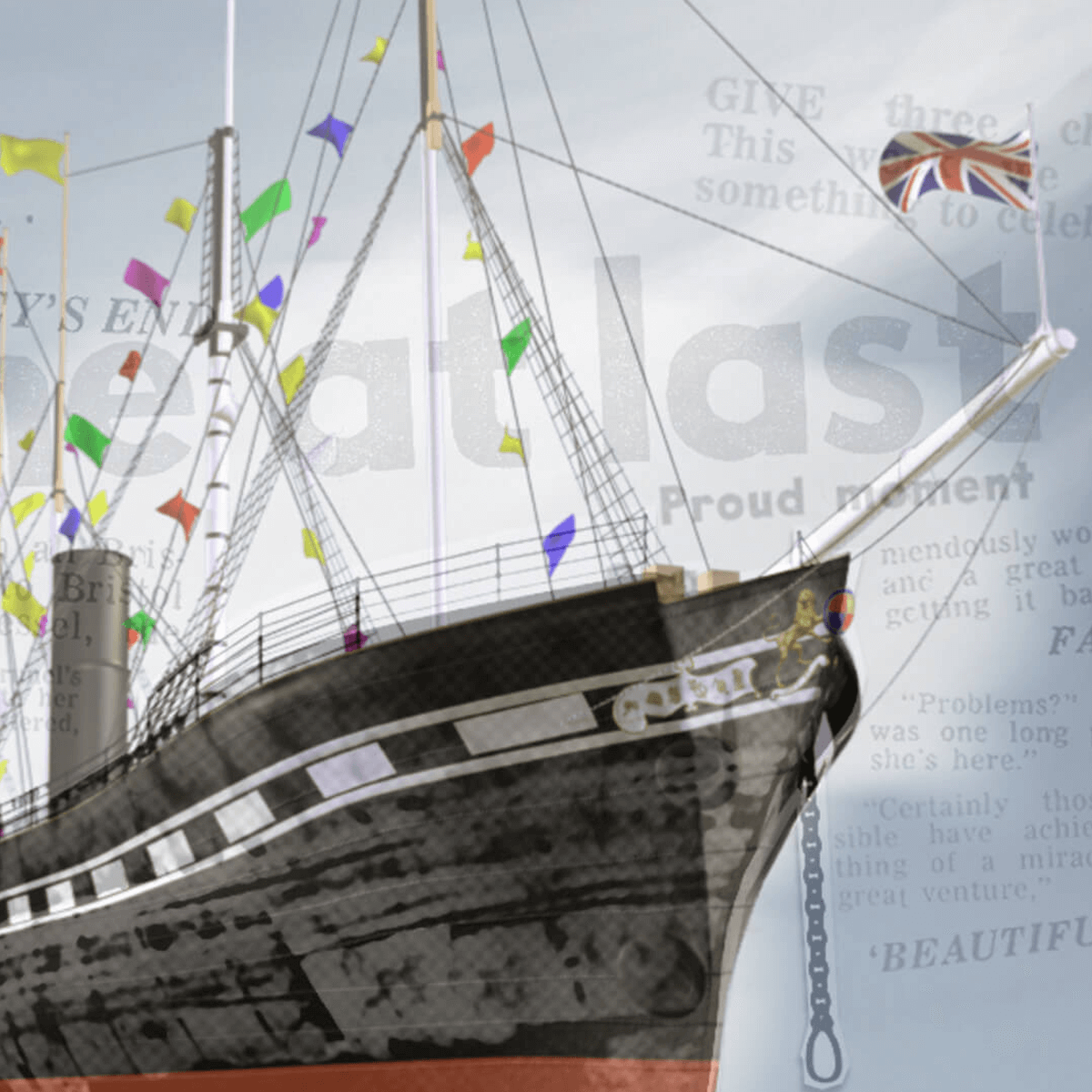 Filmstill showing the restored ship in drydock with newspaper clippings in the background saying Home at last