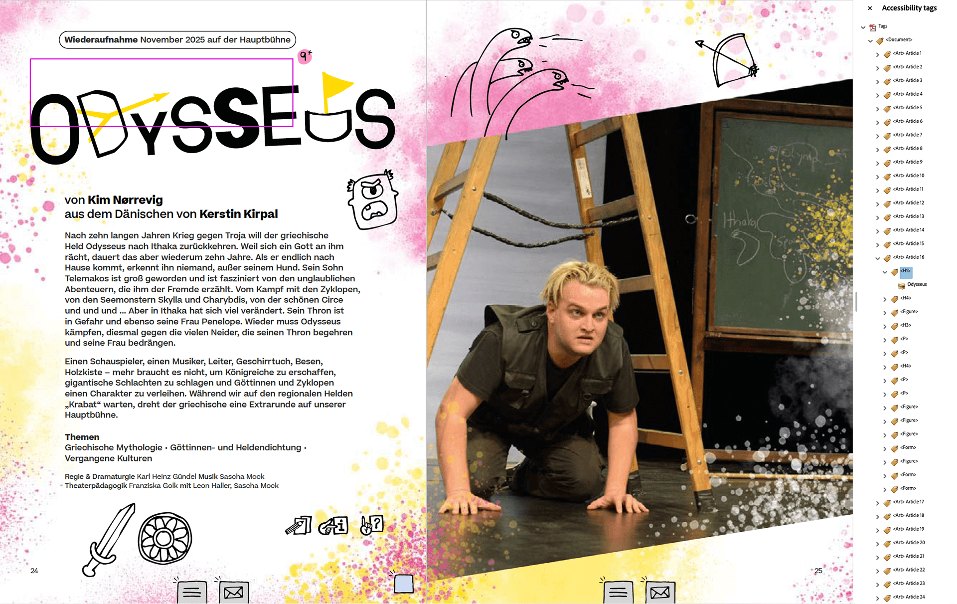 A spread of the play ‘Odysseus’ in German with the Adobe Acrobat accessibility tags bar open on the right and a purple rectangle indicating a selectable transparent title textfield that overlays the hand-drawn title