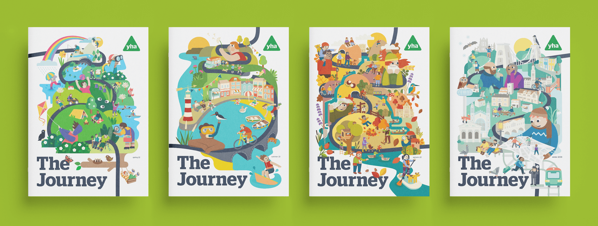 Set of four illustrated covers each showing a colourful, lively seasonal landscape full of people enjoying the outdoors