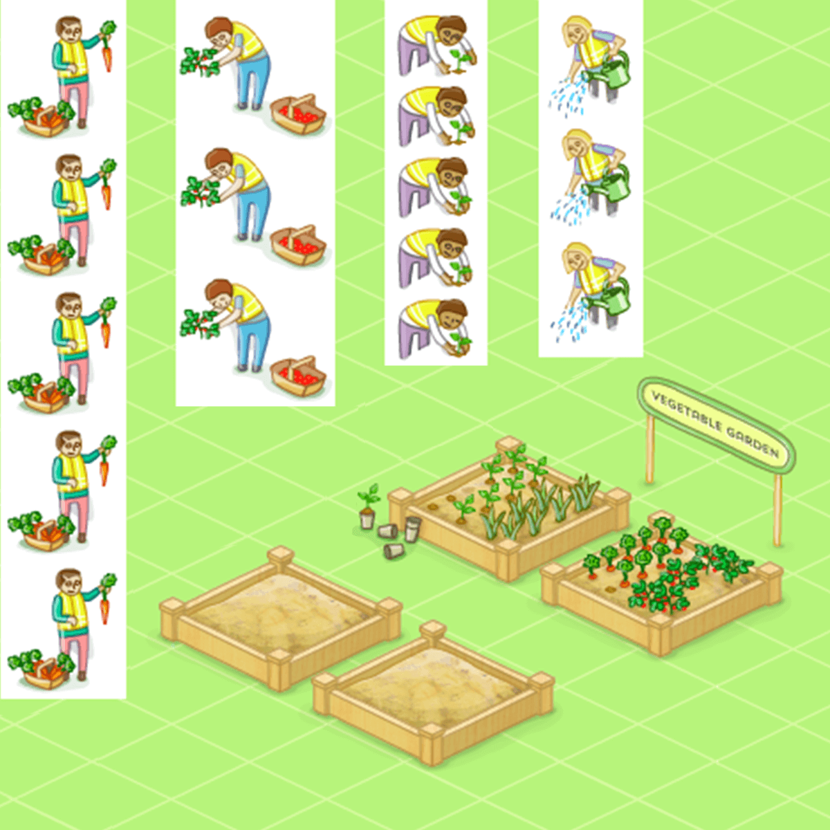 Colourful isometric sprites for communal garden feature showing planting beds and people in various poses lookign after and harvesting vegetables