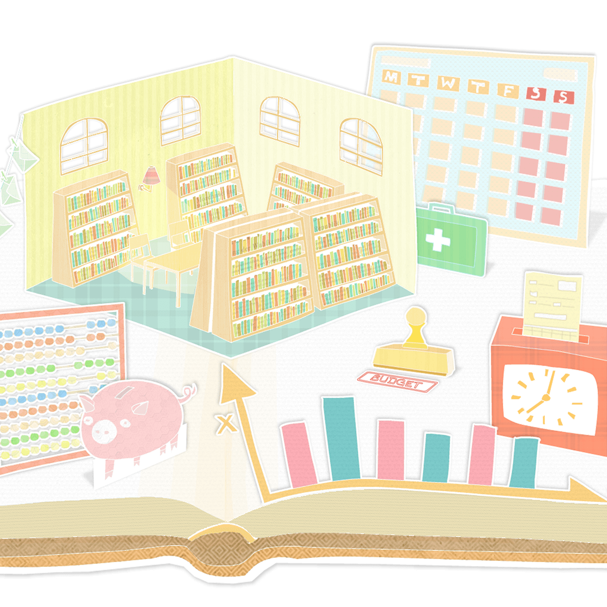 Pop-up illustration of library running costs including budget, electricity use, health and safety and staff costs