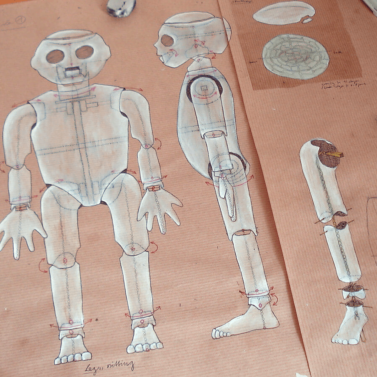 Technical drawing of the child front and side with working joints