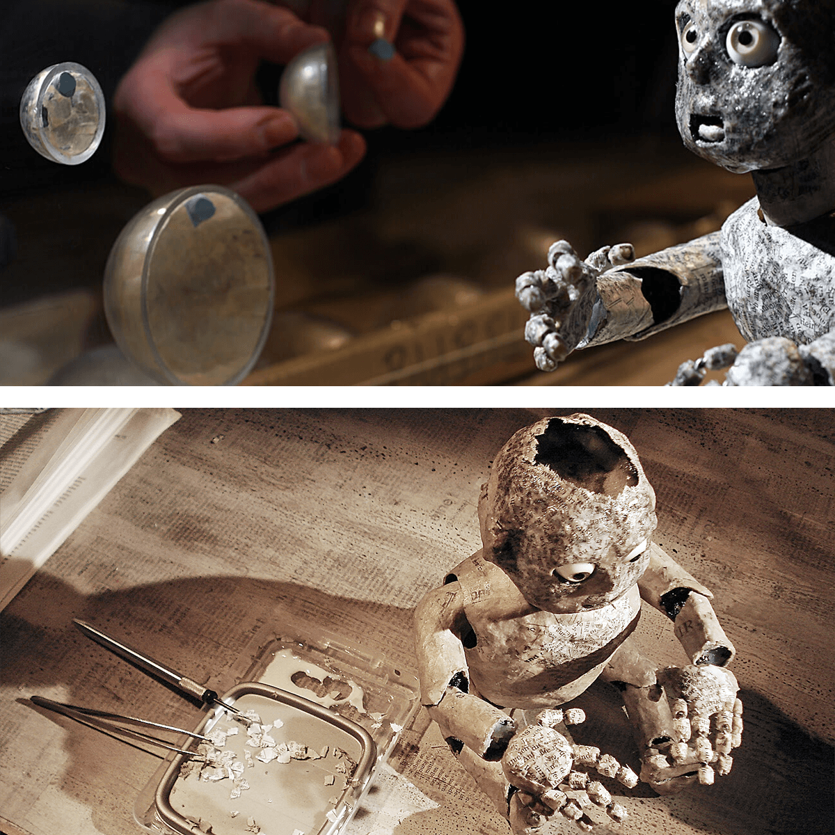 On-set photograph of a back view of the acrylic bubbles on glass and a top-down view of the child puppet