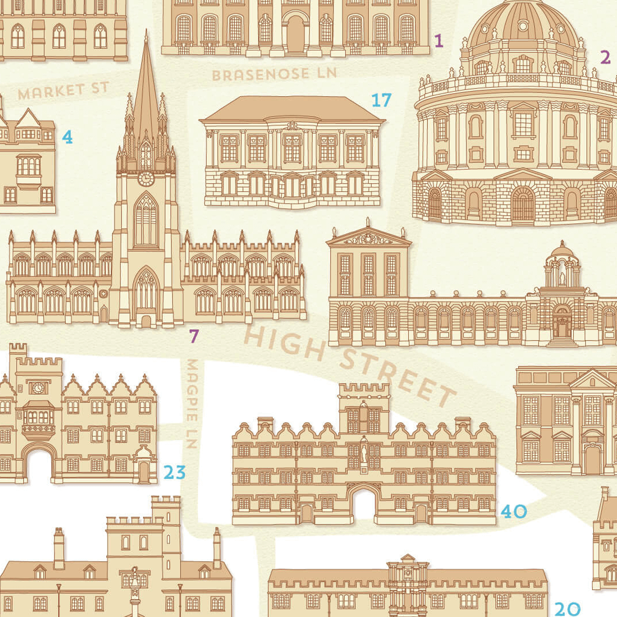 Excerpt of building illustrations laid out onto Oxford map