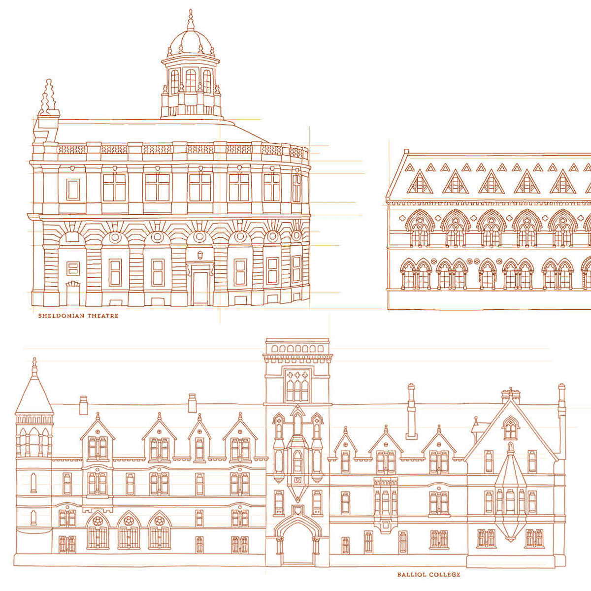 Outline illustrations of Sheldonian Theatre and Balliol College