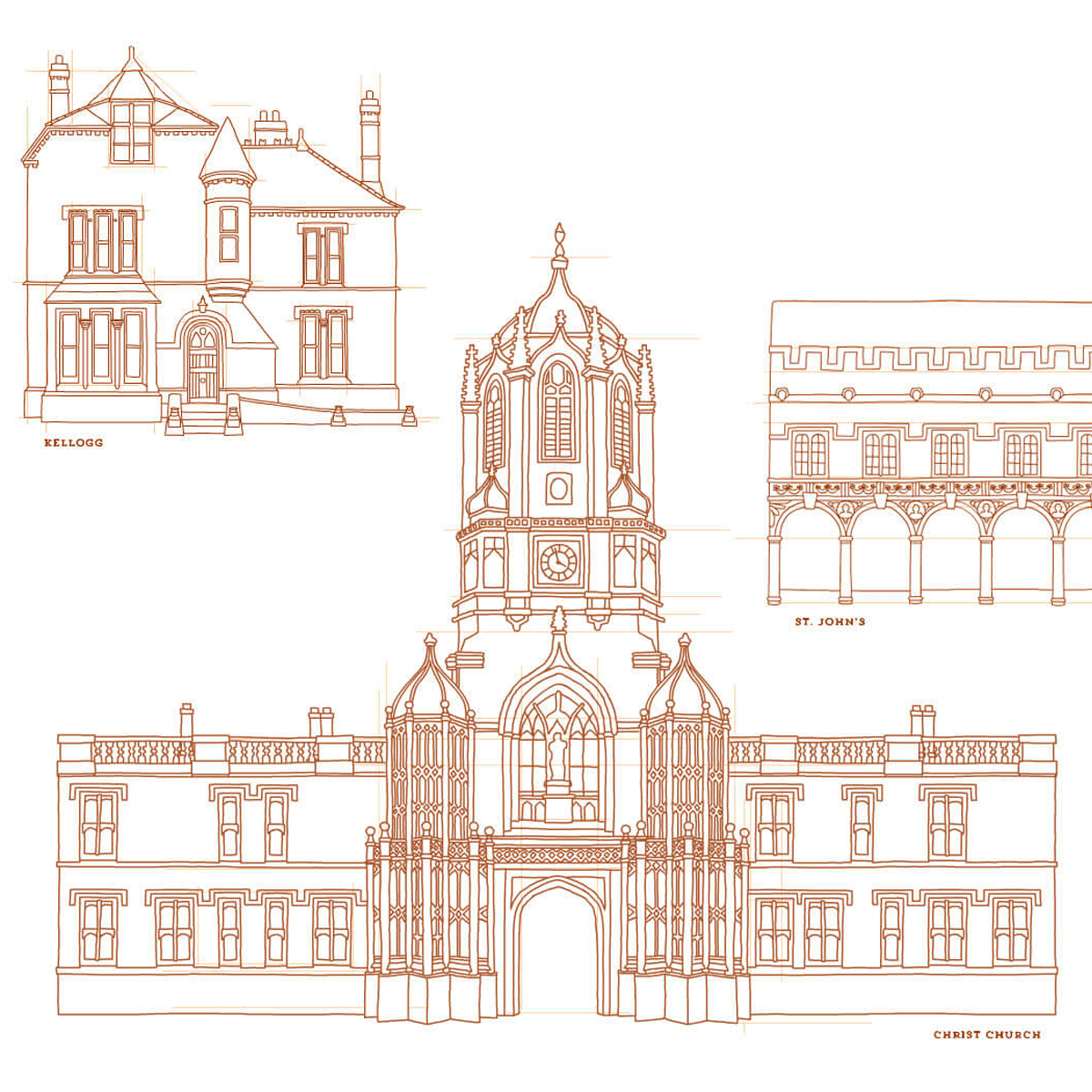 Outline illustrations of Kellogg College and Christ Church