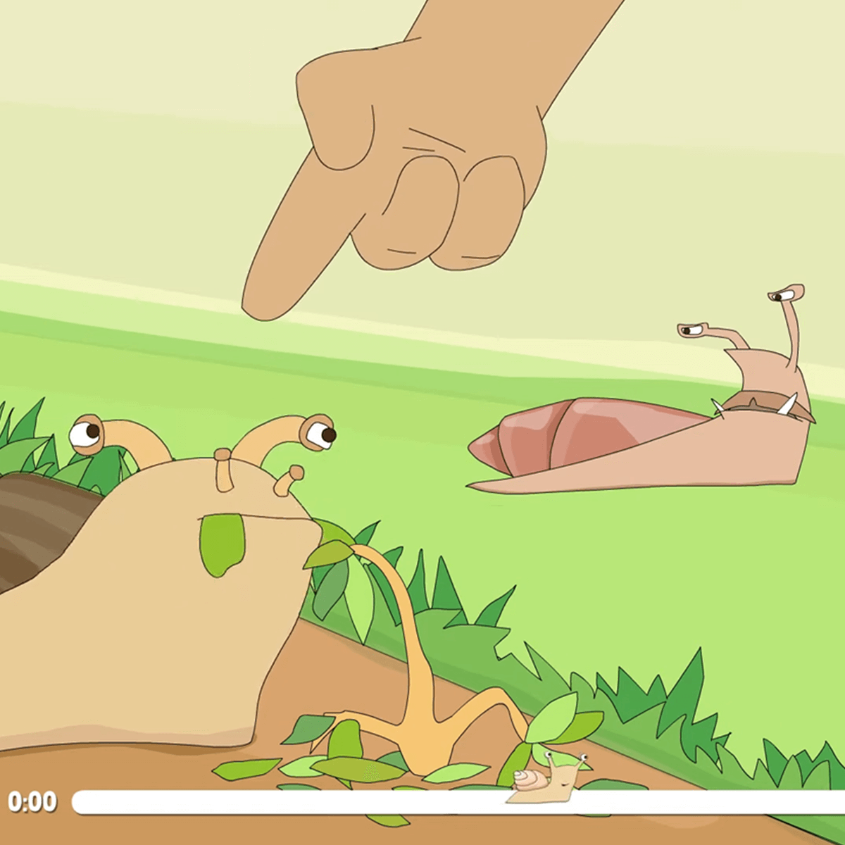 Animation still showing African land snail and Rosy Wolfsnail with a human hand pointing at the African land snail that is eating crops