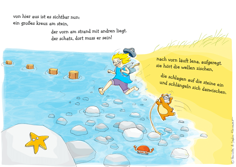 Rough colourful doodle of a girl splashing along the beach through shallow water with her teddy pole vaulting alongside