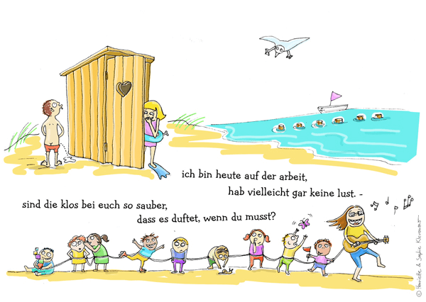 Rough colourful doodle of an unruly group of children tied with a long rope to a singing teacher with a guitar walking along a beach