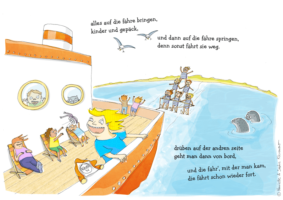 Rough colourful doodle of a group of children on a ferry with another group forming a watersports pyramid behind the ferry and two bemused seals looking out of the water