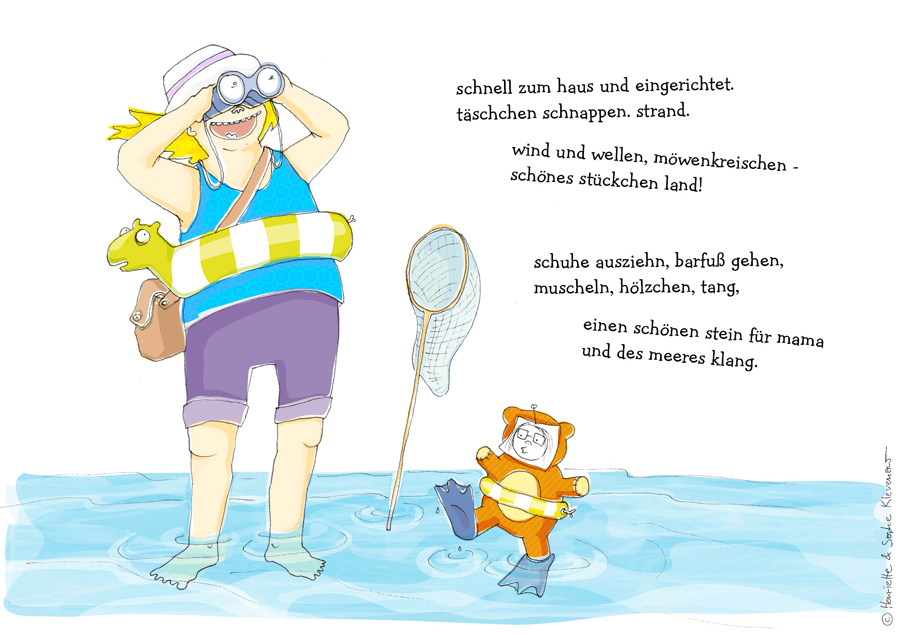 Rough colourful doodle of a girl with beach hat and binoculars and a little teddy with diving fins and a little lifebelt standing in shallow water