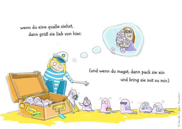 Rough colourful doodle of a girl with a captain's hat guiding a queue of jellyfish onto a suitcase