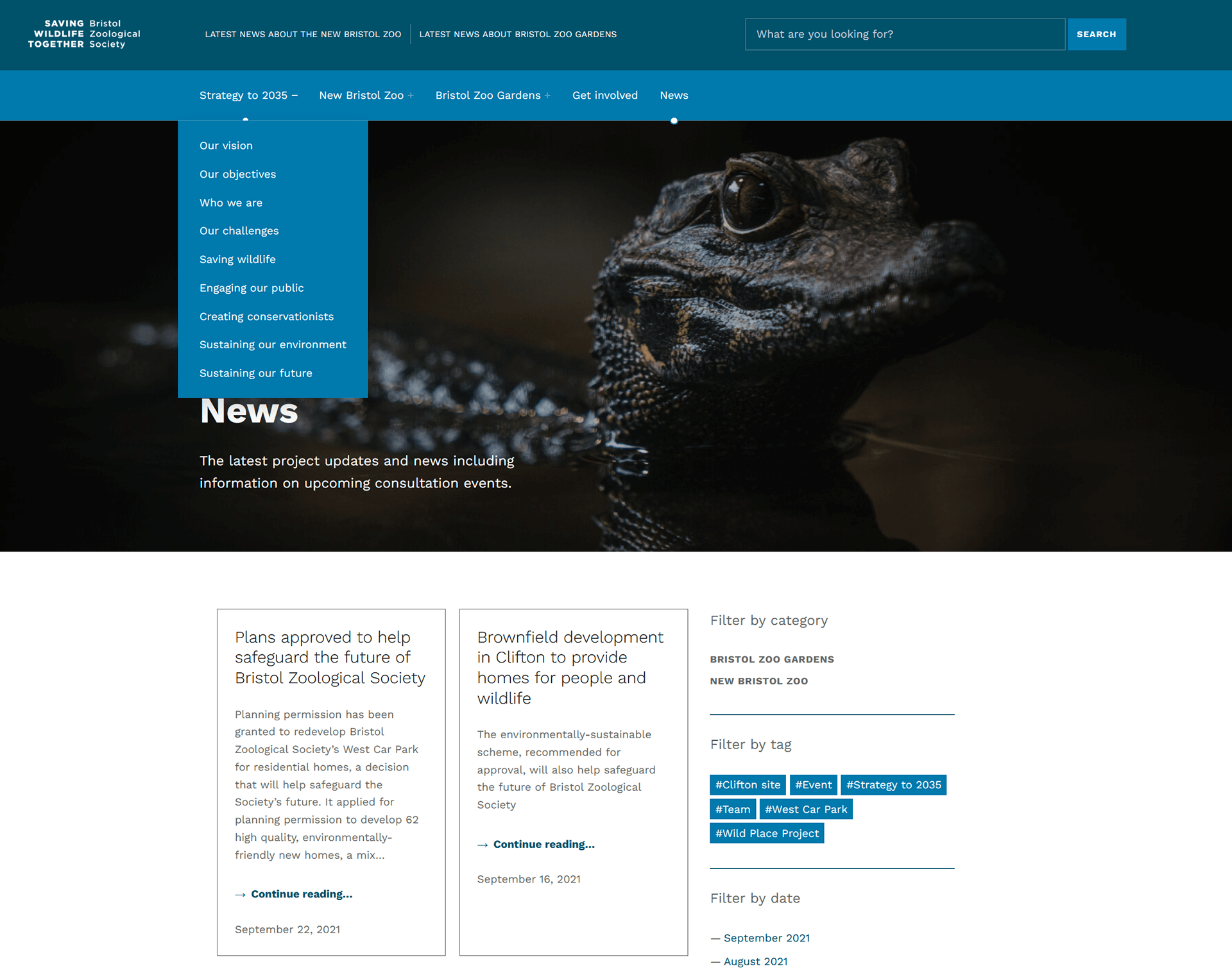 Desktop version of the website's news section showing the expanded navigation menu and post previews