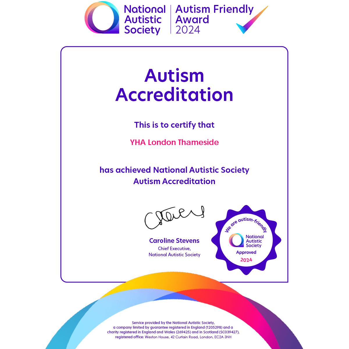 Autism Accreditation certificate for YHA London Thameside 2024 from the National Autistic Society
