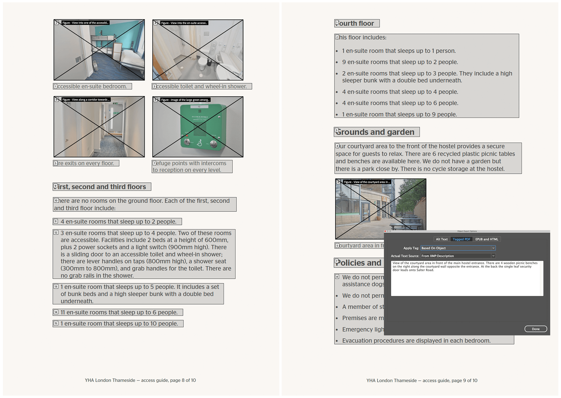 Example pages 8 and 9 of the hostel access guide showing the structure order and a modular window with alternative text input