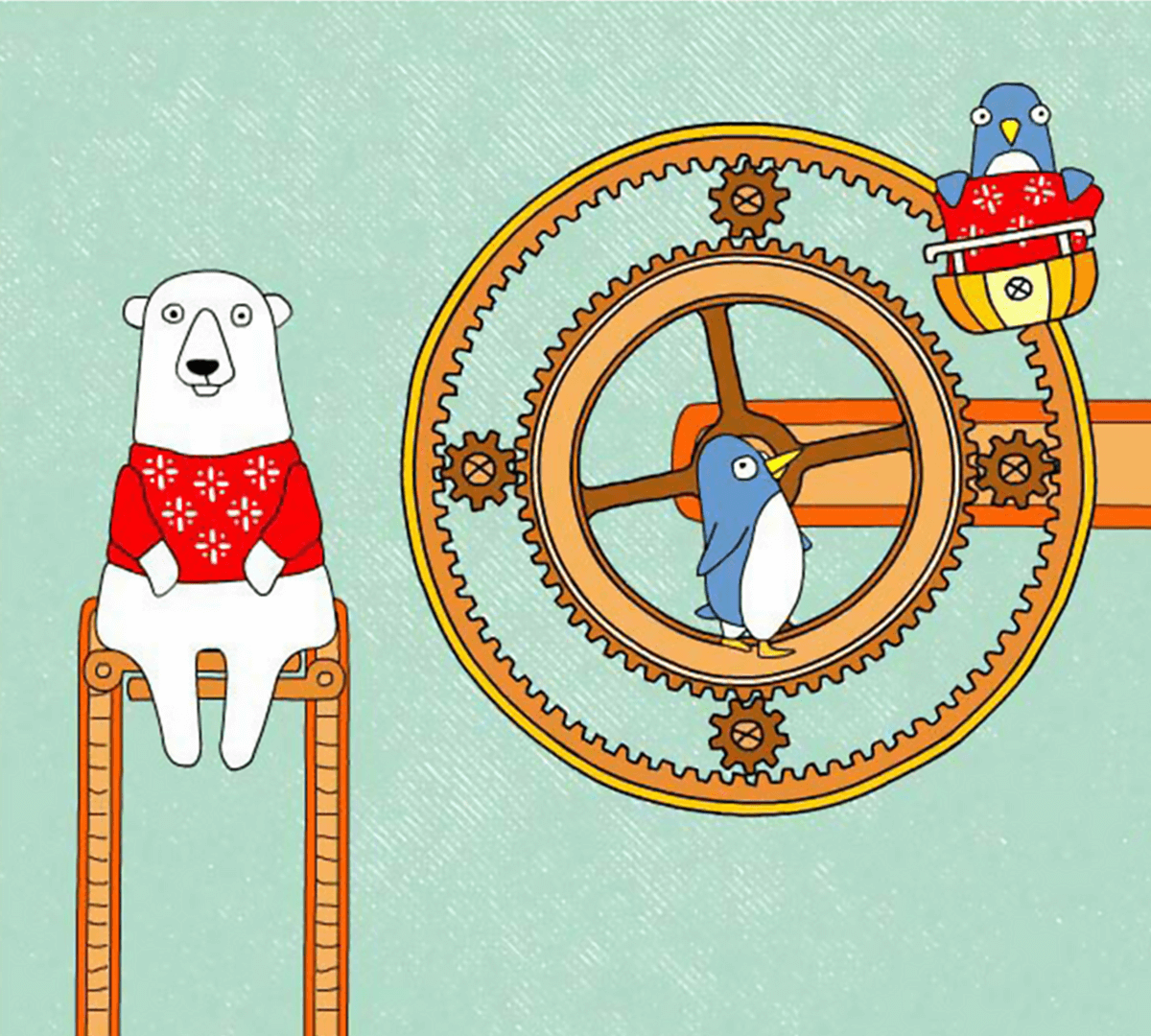 Colourful hand-drawing of a polar bear in a Christmas jumper next to two penguins on a hamster wheel with interlocking cogwheels