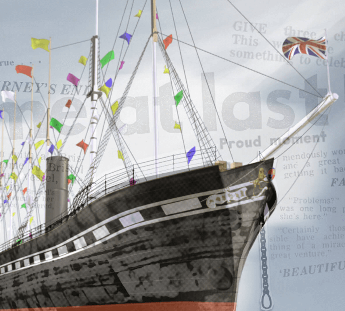Animation still showing a 3D digital model of Brunel's SS Great Britain with newspaper heading Home at last overlaid