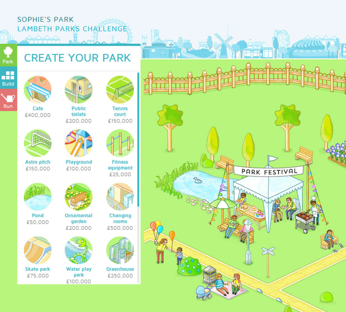 Screenshot of a colourful illustrated isometric urban park scene with an interactive Create your own park menu on the left
