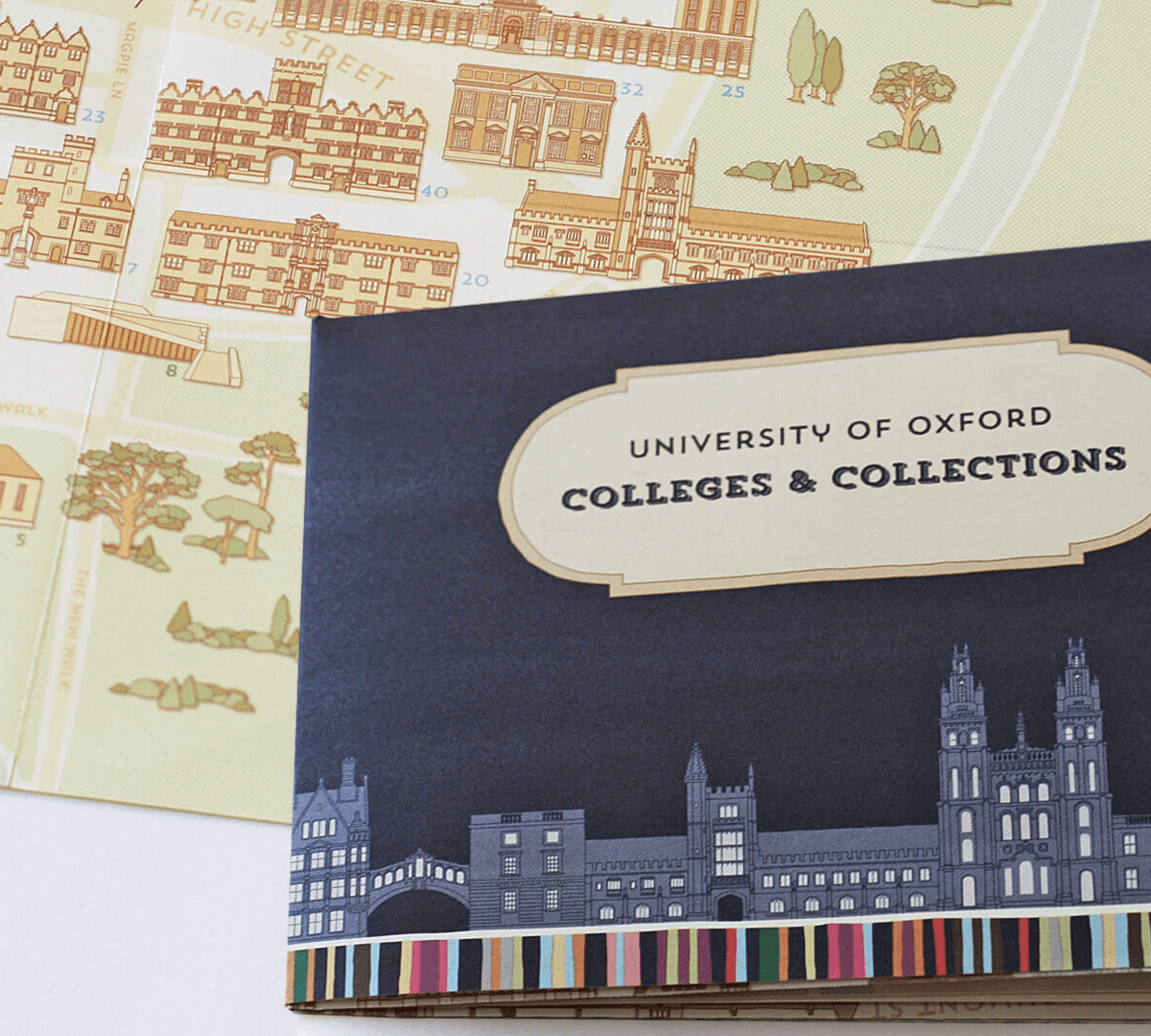 Photograph of an A6 folded map with illustrations of famous Oxford buildings